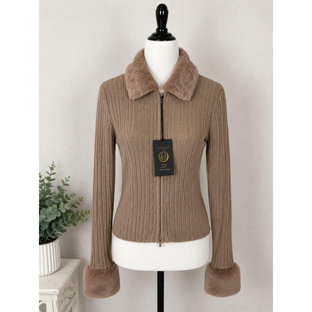 Kathy Ireland Women's XS Taupe Ribbed Zip Sweater Faux Fur Collar Cuffs NWT